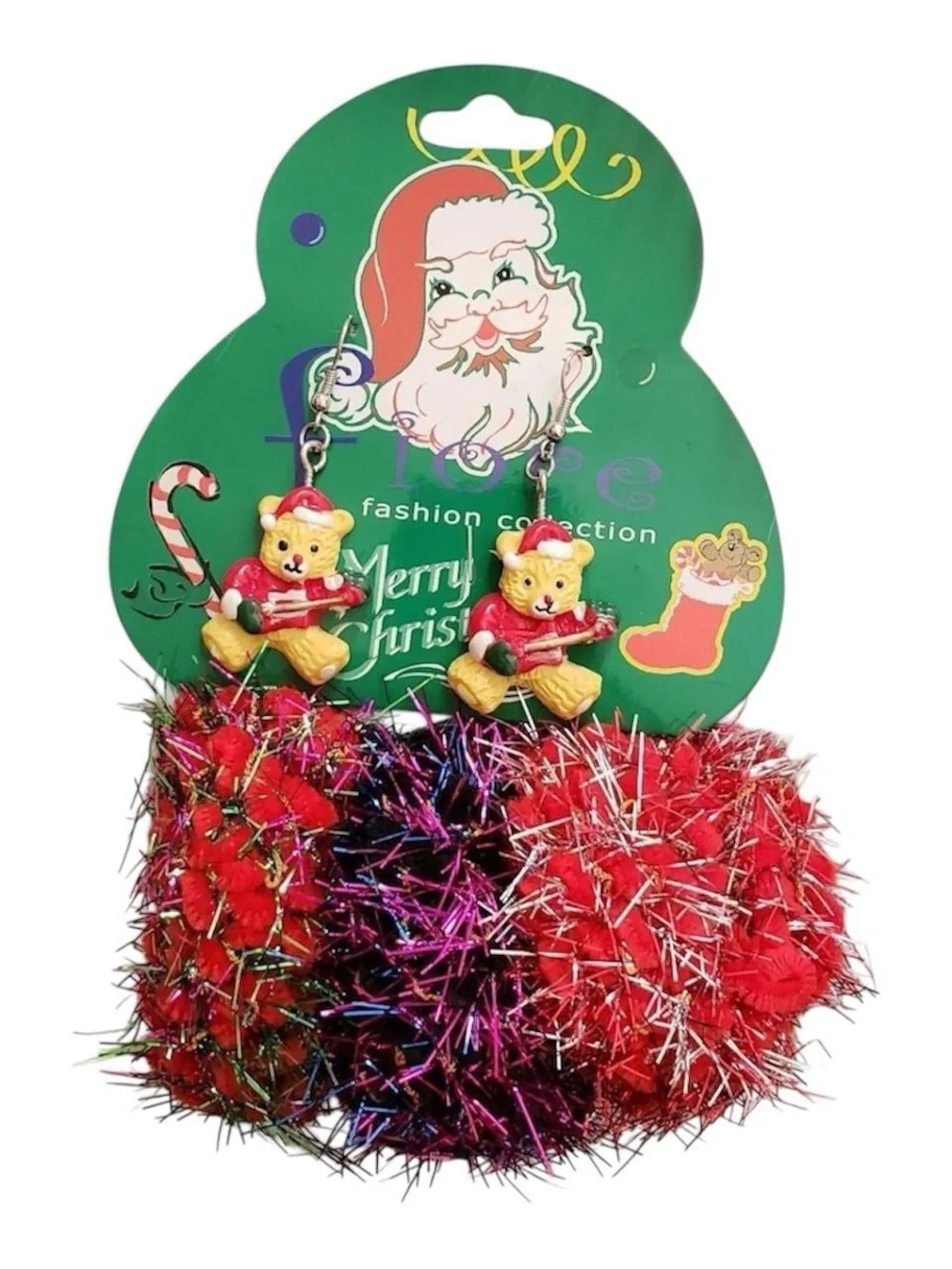 Christmas bear earrings and tinsel scrunchie set.